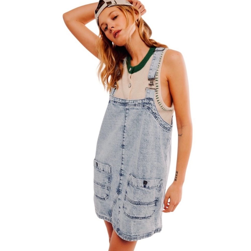 Free People Indigo Overall Mini Dress Top - Picture 7 of 7